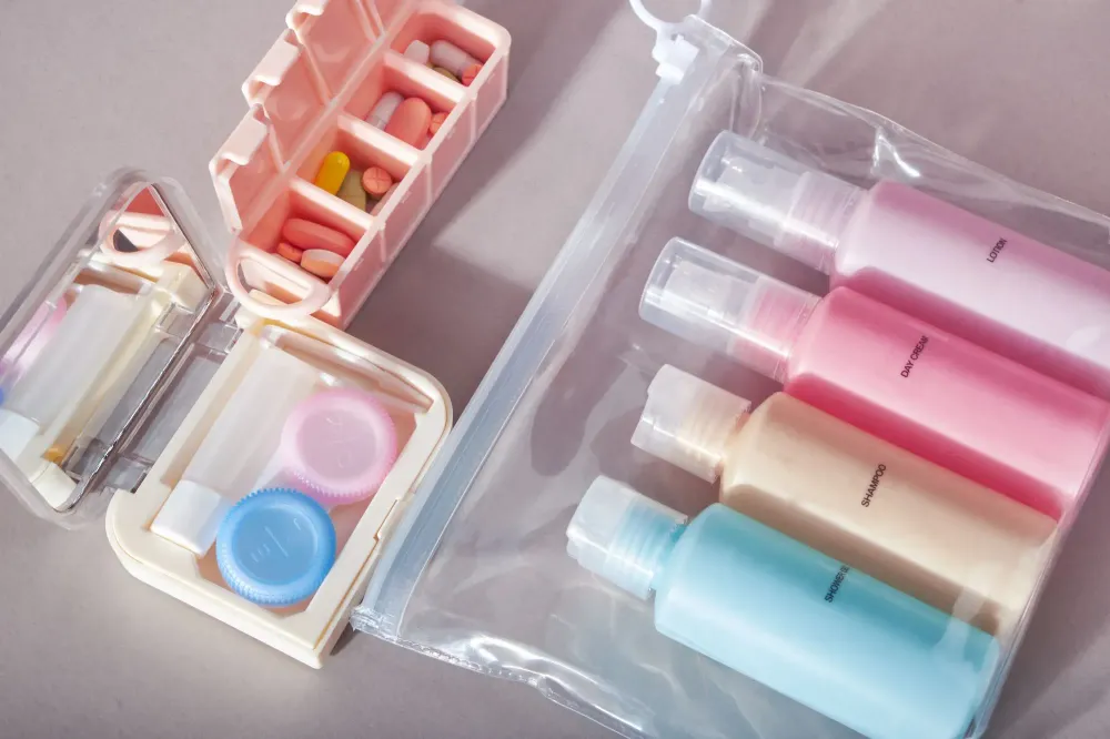 Flat lay of toiletry kit
